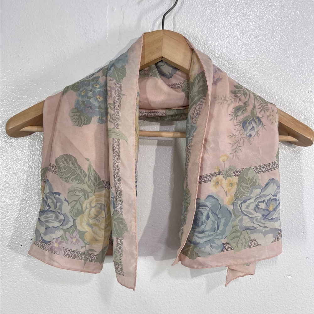 Vintage Liz Claiborne Silk Scarf Square Floral Blue Rose Pastel Pink Cottagecore
